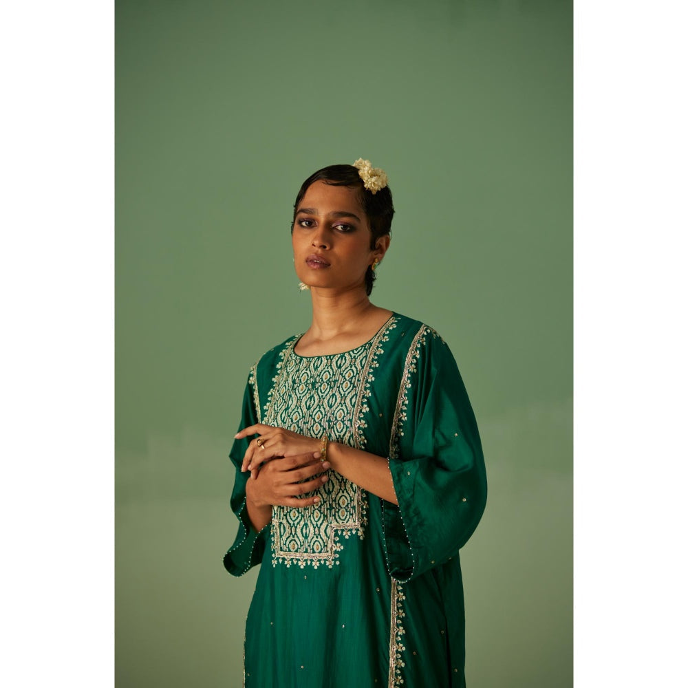 Surbhi Gupta Emerald Green Yoke Kaftan and Pant (Set of 3)