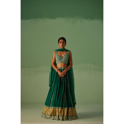 Surbhi Gupta Emerald Green Lehenga with Blouse and Dupatta (Set of 3)