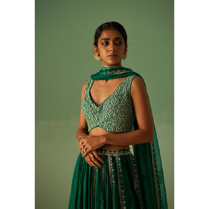 Surbhi Gupta Emerald Green Lehenga with Blouse and Dupatta (Set of 3)