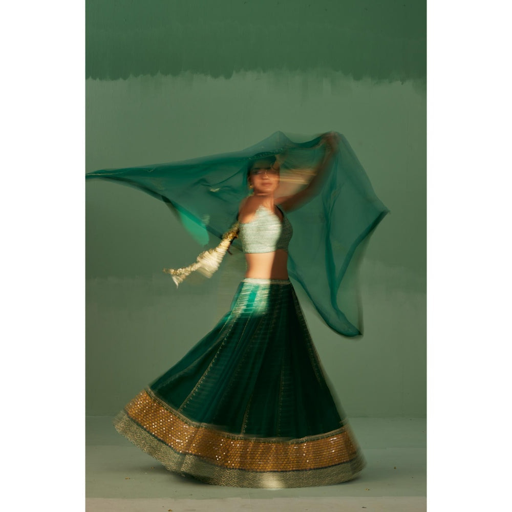 Surbhi Gupta Emerald Green Lehenga with Blouse and Dupatta (Set of 3)