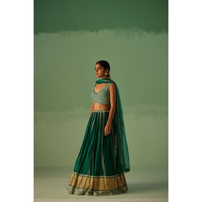 Surbhi Gupta Emerald Green Lehenga with Blouse and Dupatta (Set of 3)