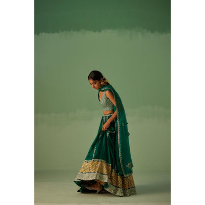 Surbhi Gupta Emerald Green Lehenga with Blouse and Dupatta (Set of 3)