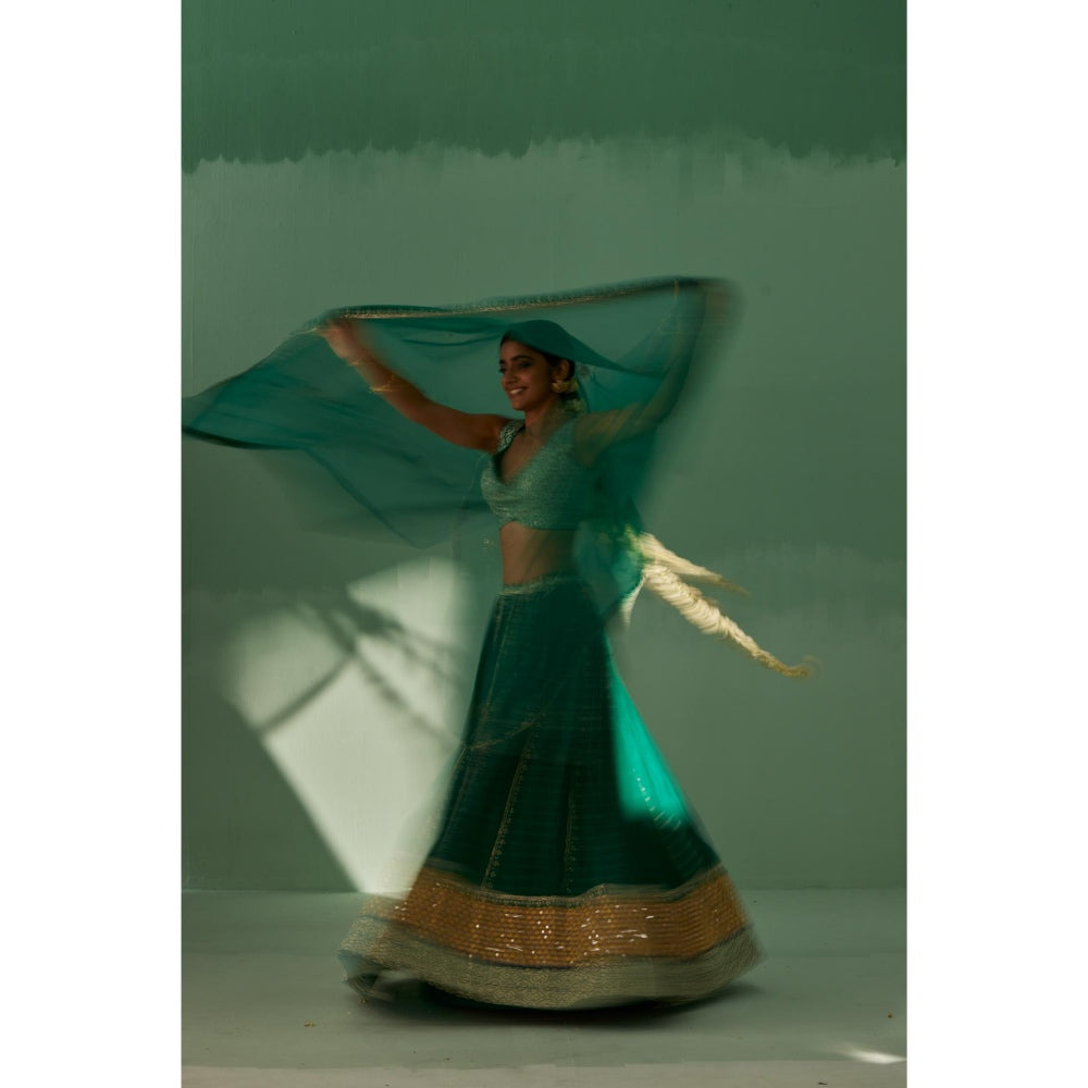 Surbhi Gupta Emerald Green Lehenga with Blouse and Dupatta (Set of 3)