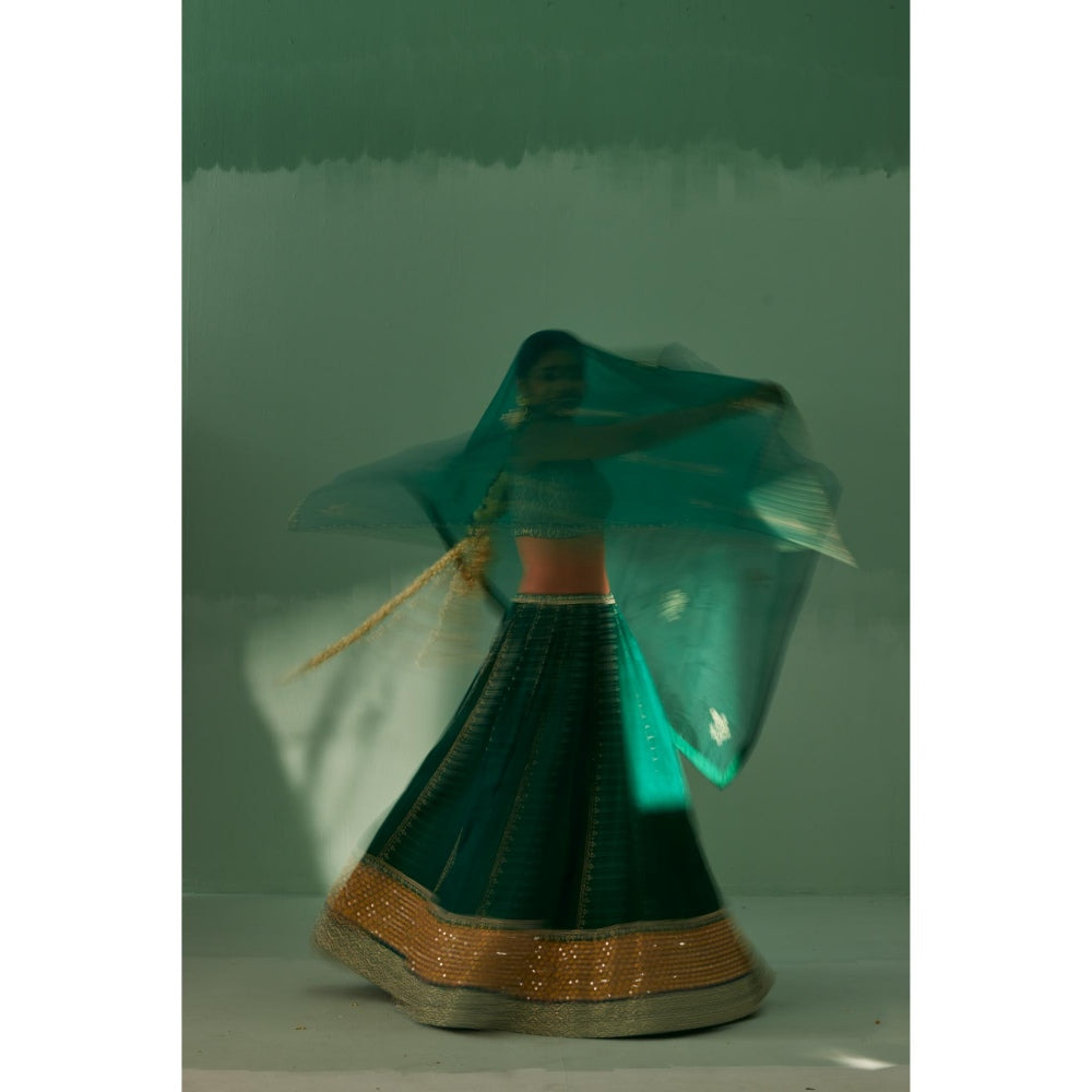 Surbhi Gupta Emerald Green Lehenga with Blouse and Dupatta (Set of 3)
