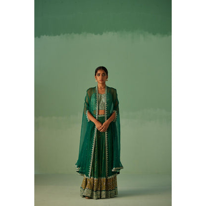 Surbhi Gupta Emerald Green Organza Cape, Blouse and Sharara (Set of 3)