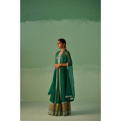Surbhi Gupta Emerald Green Organza Cape, Blouse and Sharara (Set of 3)
