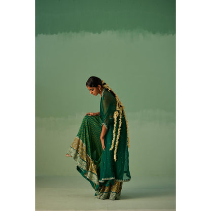 Surbhi Gupta Emerald Green Organza Cape, Blouse and Sharara (Set of 3)