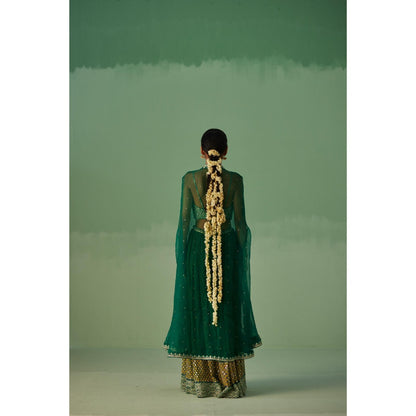 Surbhi Gupta Emerald Green Organza Cape, Blouse and Sharara (Set of 3)