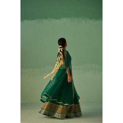 Surbhi Gupta Emerald Green Organza Cape, Blouse and Sharara (Set of 3)