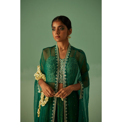 Surbhi Gupta Emerald Green Organza Cape, Blouse and Sharara (Set of 3)