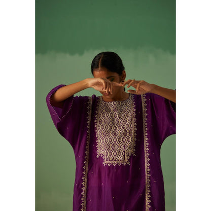 Surbhi Gupta Purple Yoke Kaftan with Inner and Trouser (Set of 3)