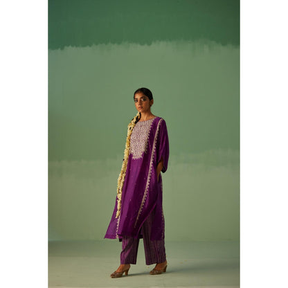 Surbhi Gupta Purple Yoke Kaftan with Inner and Trouser (Set of 3)