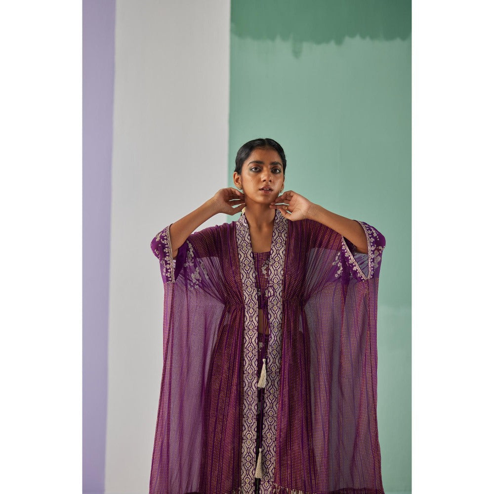 Surbhi Gupta Purple Tiered Kaftan, Sharara and Blouse (Set of 3)