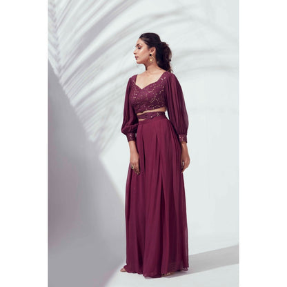 Suruchi Parakh Womens Wine Embellished Crop Top and Skirt (Set of 2)