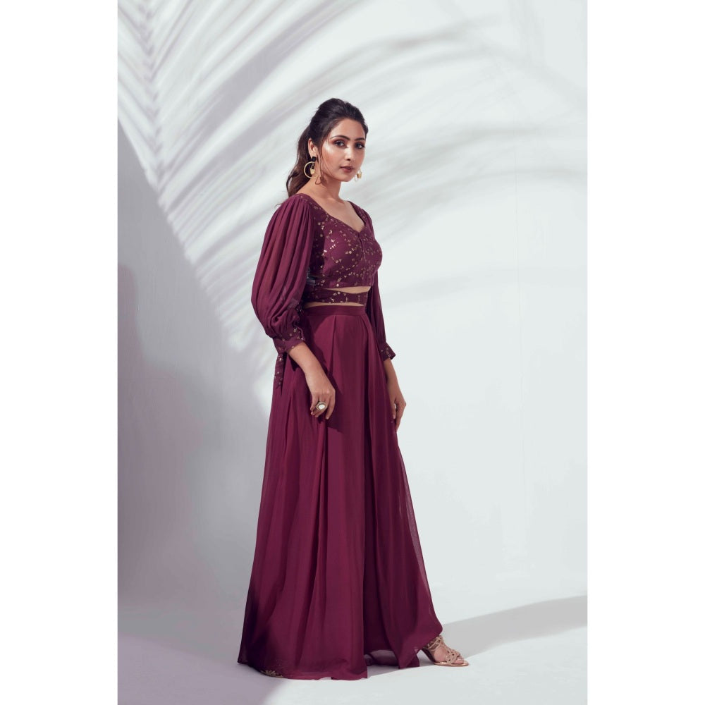 Suruchi Parakh Womens Wine Embellished Crop Top and Skirt (Set of 2)