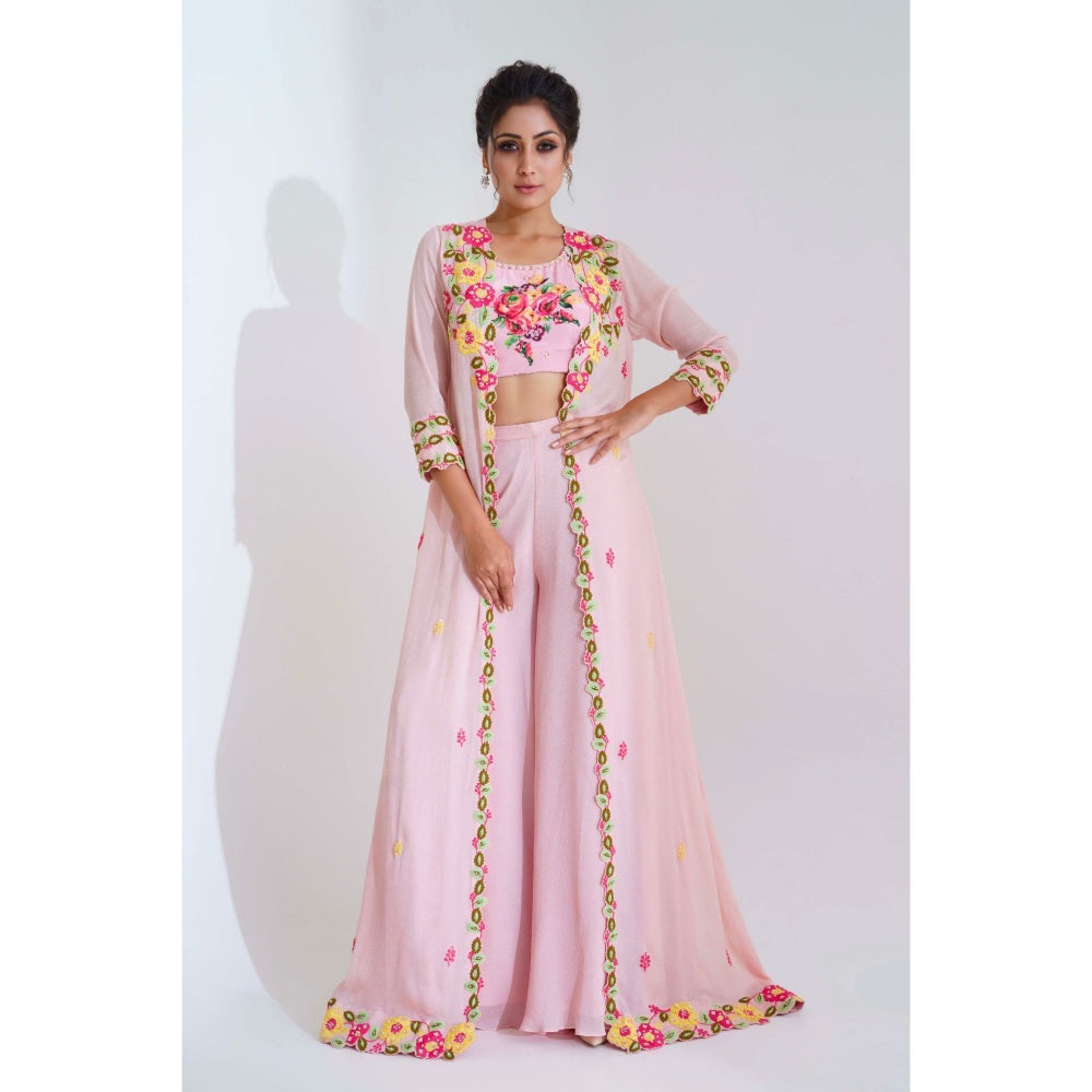 Suruchi Parakh Womens Pink Embellished Crop Top with Palazzo and Jacket (Set of 3)