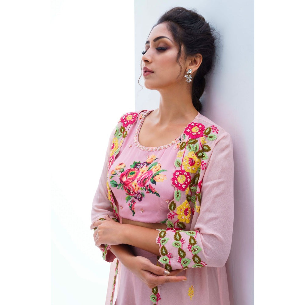 Suruchi Parakh Womens Pink Embellished Crop Top with Palazzo and Jacket (Set of 3)