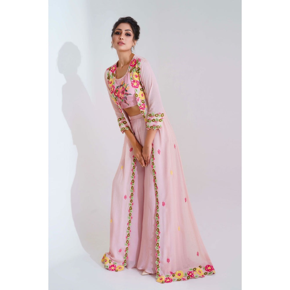 Suruchi Parakh Womens Pink Embellished Crop Top with Palazzo and Jacket (Set of 3)
