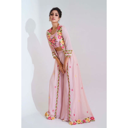 Suruchi Parakh Womens Pink Embellished Crop Top with Palazzo and Jacket (Set of 3)