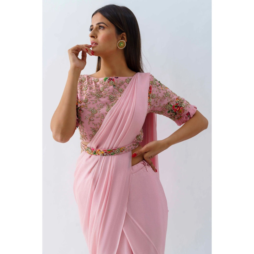Suruchi Parakh Pink Embellished Pre Draped Saree with Blouse with Stitched
