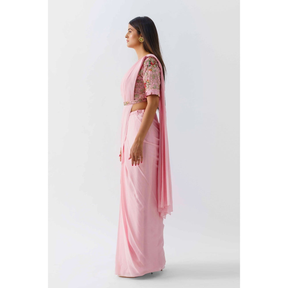 Suruchi Parakh Pink Embellished Pre Draped Saree with Blouse with Stitched