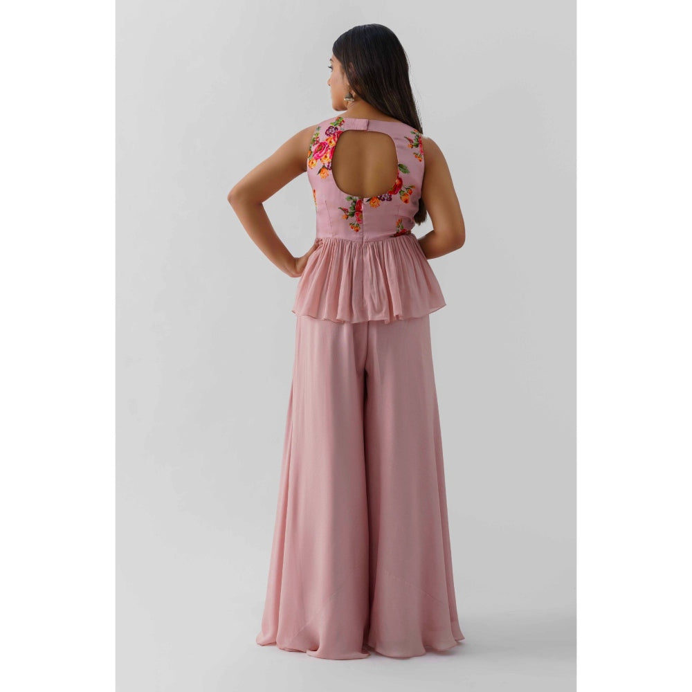 Suruchi Parakh Womens Pink Floral Print Peplum Top and Palazzo (Set of 2)