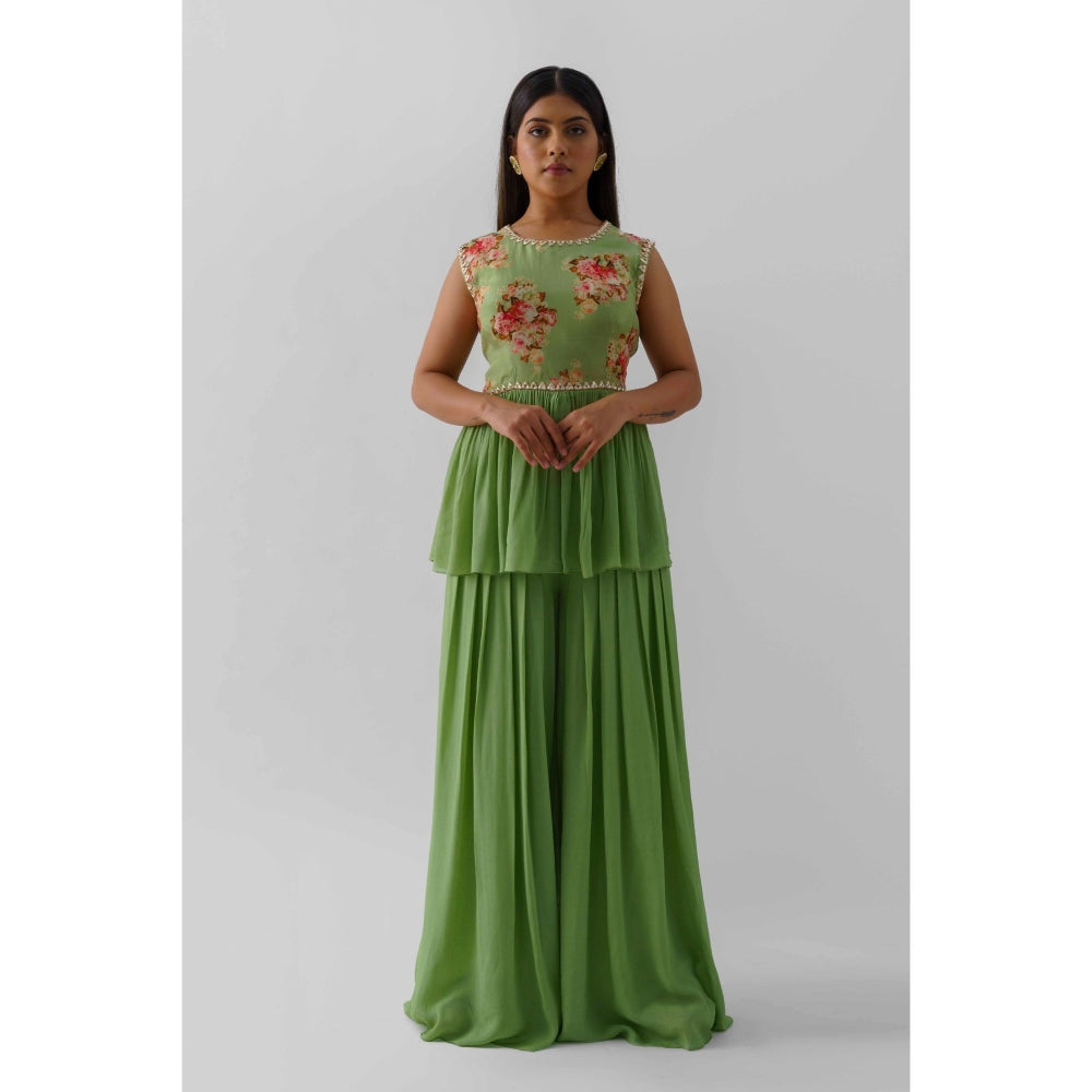 Suruchi Parakh Womens Green Floral Print Peplum Top and Palazzo (Set of 2)