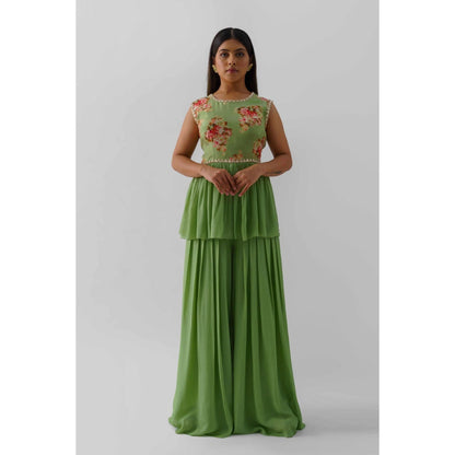 Suruchi Parakh Womens Green Floral Print Peplum Top and Palazzo (Set of 2)