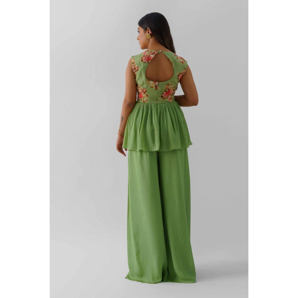 Suruchi Parakh Womens Green Floral Print Peplum Top and Palazzo (Set of 2)