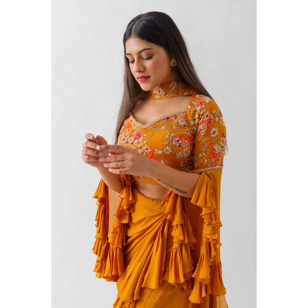 Suruchi Parakh Womens Mustard Embellished Crop Top with Skirt and Dupatta (Set of 3)