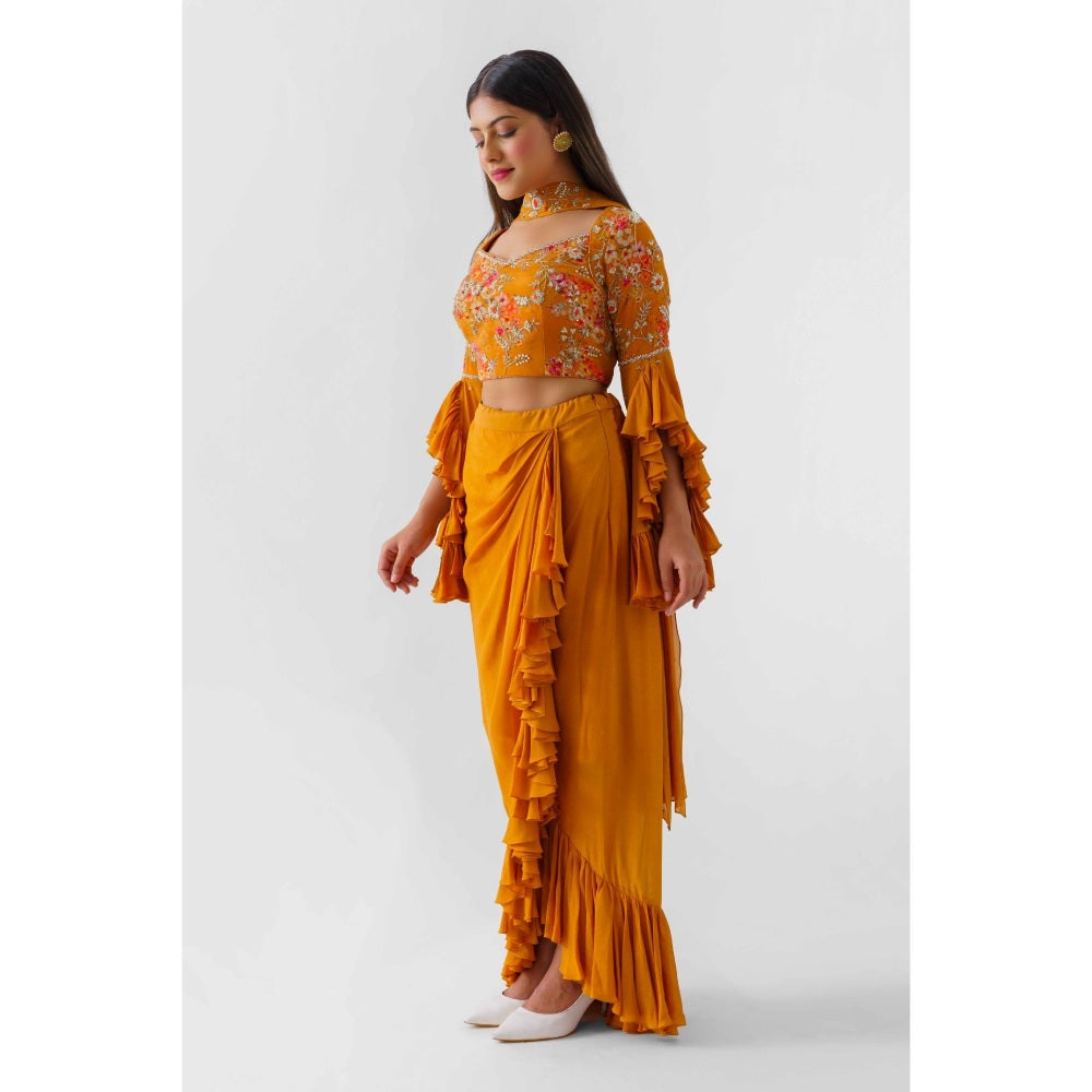 Suruchi Parakh Womens Mustard Embellished Crop Top with Skirt and Dupatta (Set of 3)