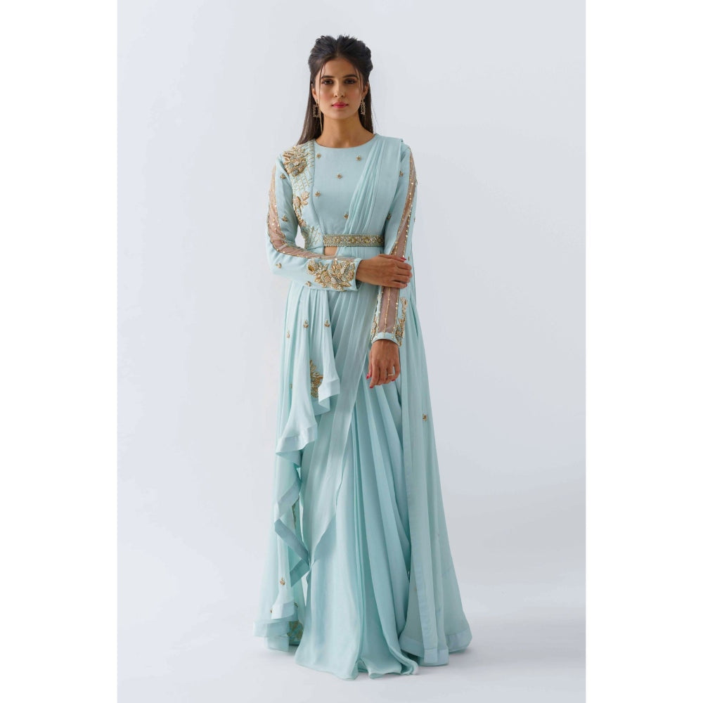 Suruchi Parakh Blue Embellished Pre Draped Saree with Blouse Jacket and Belt with Stitched