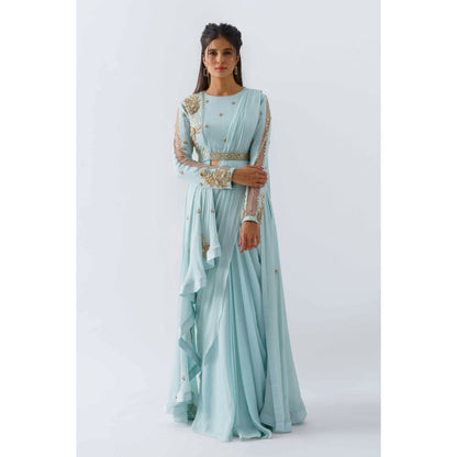 Suruchi Parakh Blue Embellished Pre Draped Saree with Blouse Jacket and Belt with Stitched