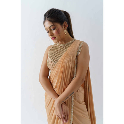 Suruchi Parakh Peach Embellished Pre Draped Saree with Blouse with Stitched