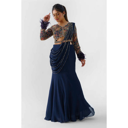 Suruchi Parakh Navy Blue Embellished Pre Draped Saree with Blouse with Stitched