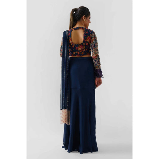 Suruchi Parakh Navy Blue Embellished Pre Draped Saree with Blouse with Stitched