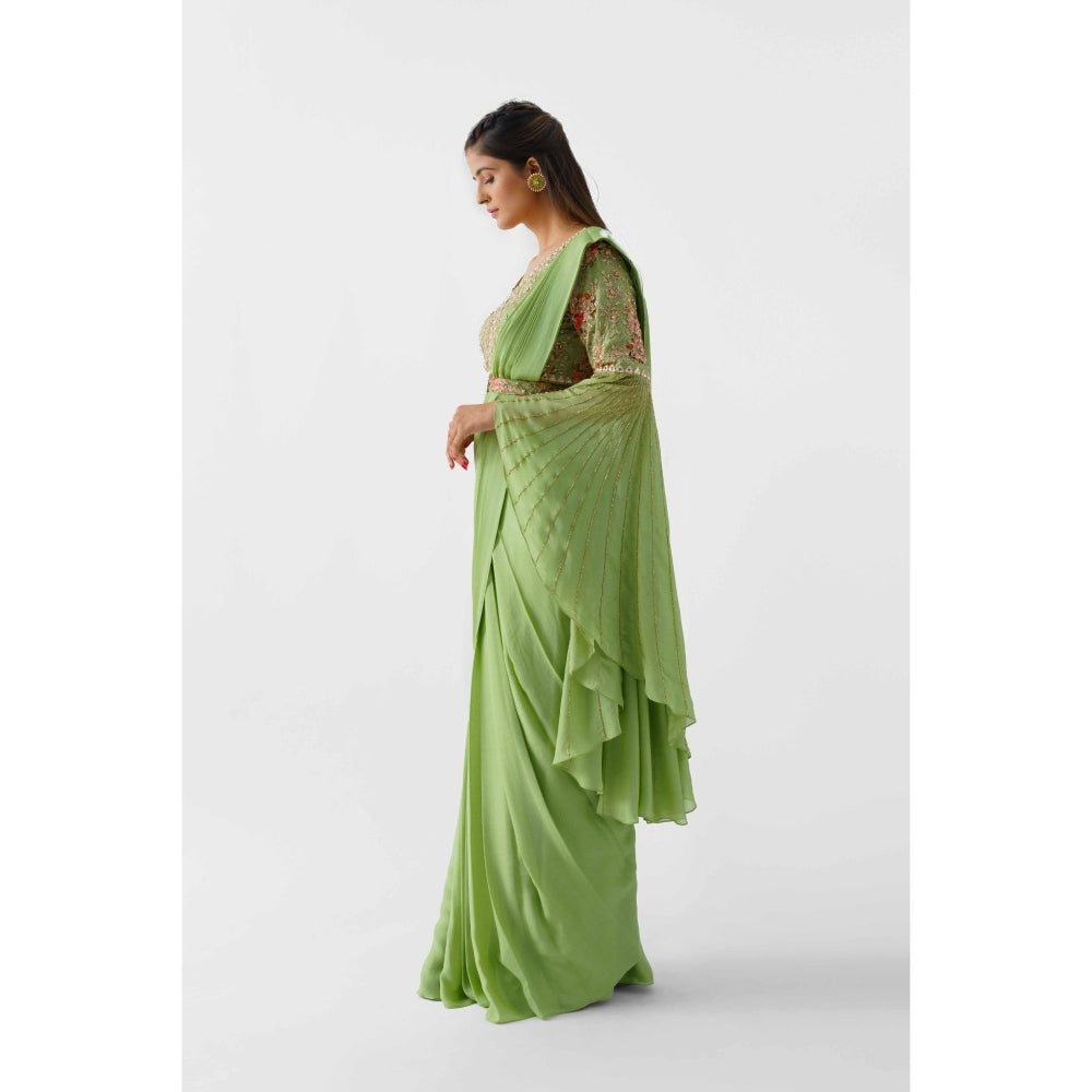 Suruchi Parakh Green Embroidered Pre Draped Saree with Blouse with Stitched