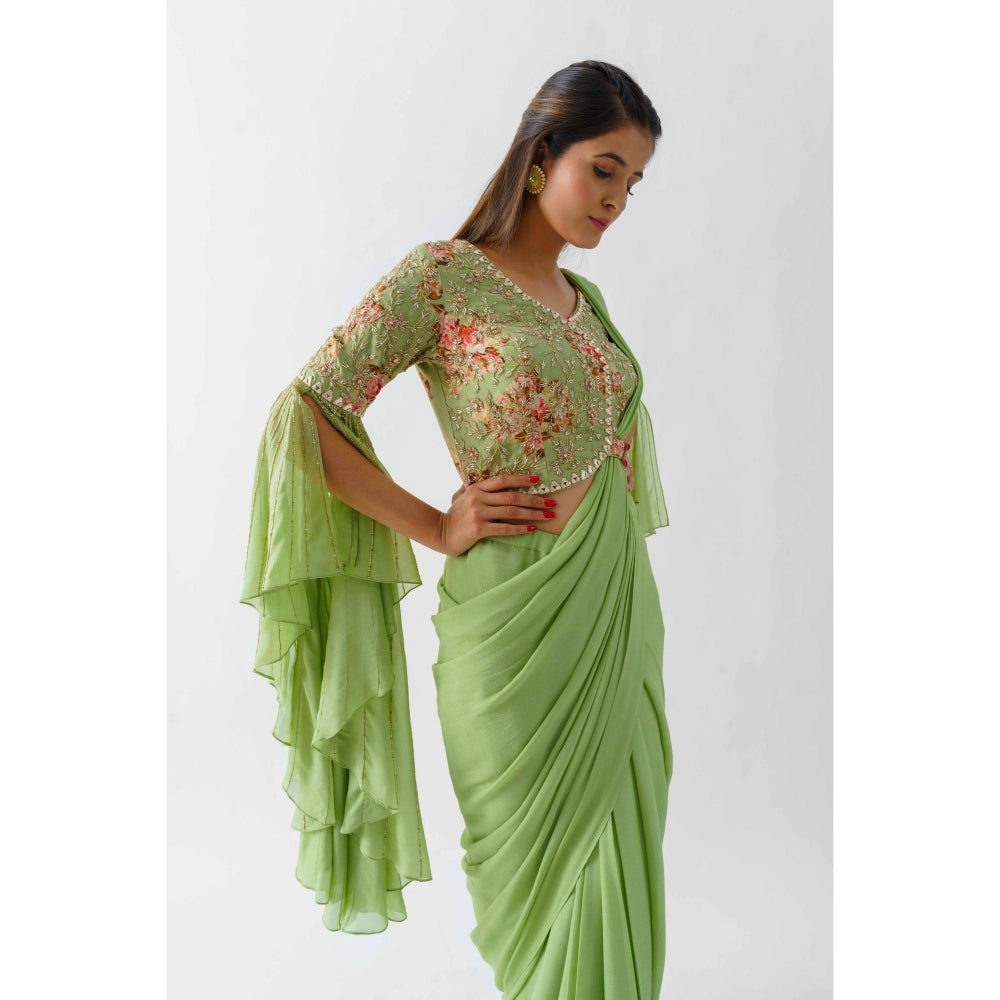Suruchi Parakh Green Embroidered Pre Draped Saree with Blouse with Stitched