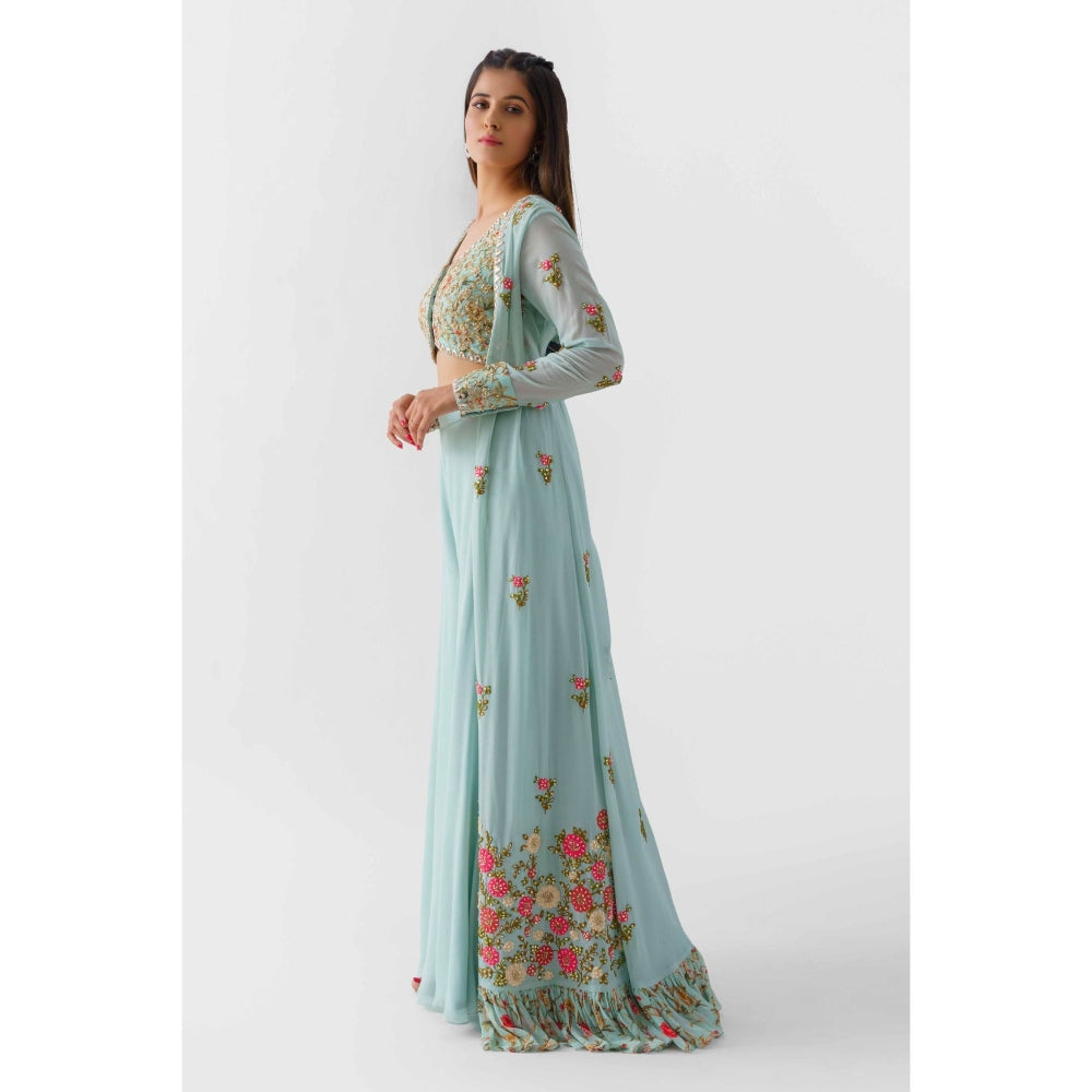 Suruchi Parakh Womens Blue Embellished Blouse with Palazzo and Jacket (Set of 3)