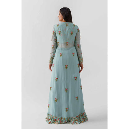 Suruchi Parakh Womens Blue Embellished Blouse with Palazzo and Jacket (Set of 3)