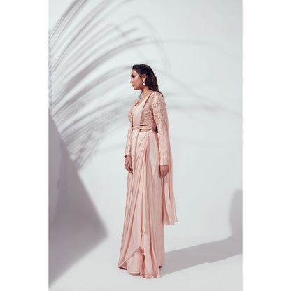 Suruchi Parakh Pink Embellished Pre Draped Saree with Blouse and Jacket with Stitched