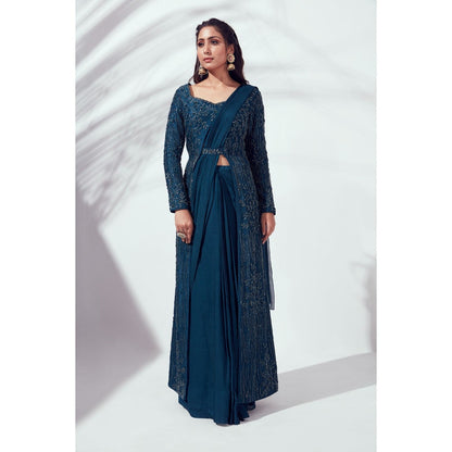 Suruchi Parakh Teal Embellished Pre Draped Saree and Blouse Jacket with Stitched