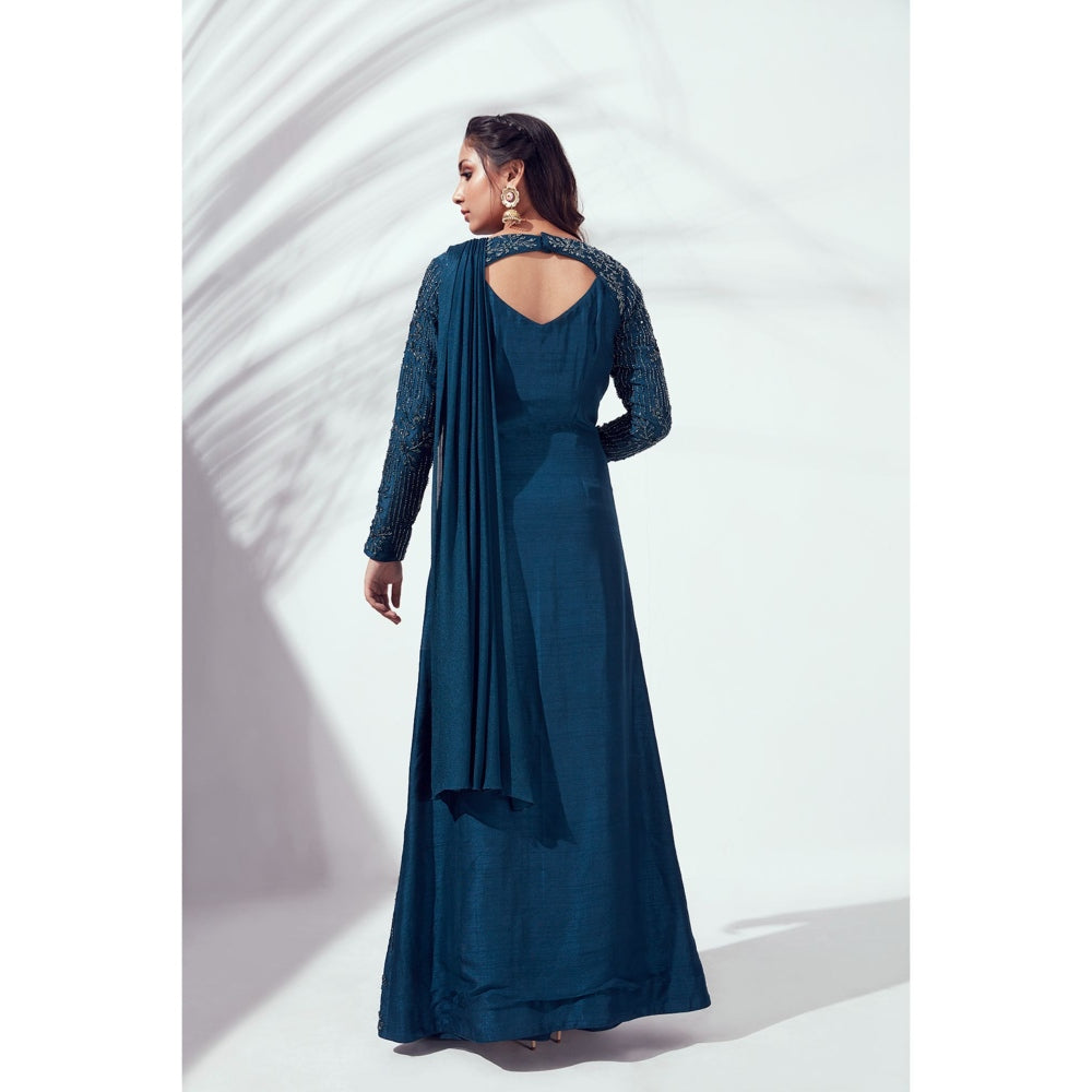 Suruchi Parakh Teal Embellished Pre Draped Saree and Blouse Jacket with Stitched