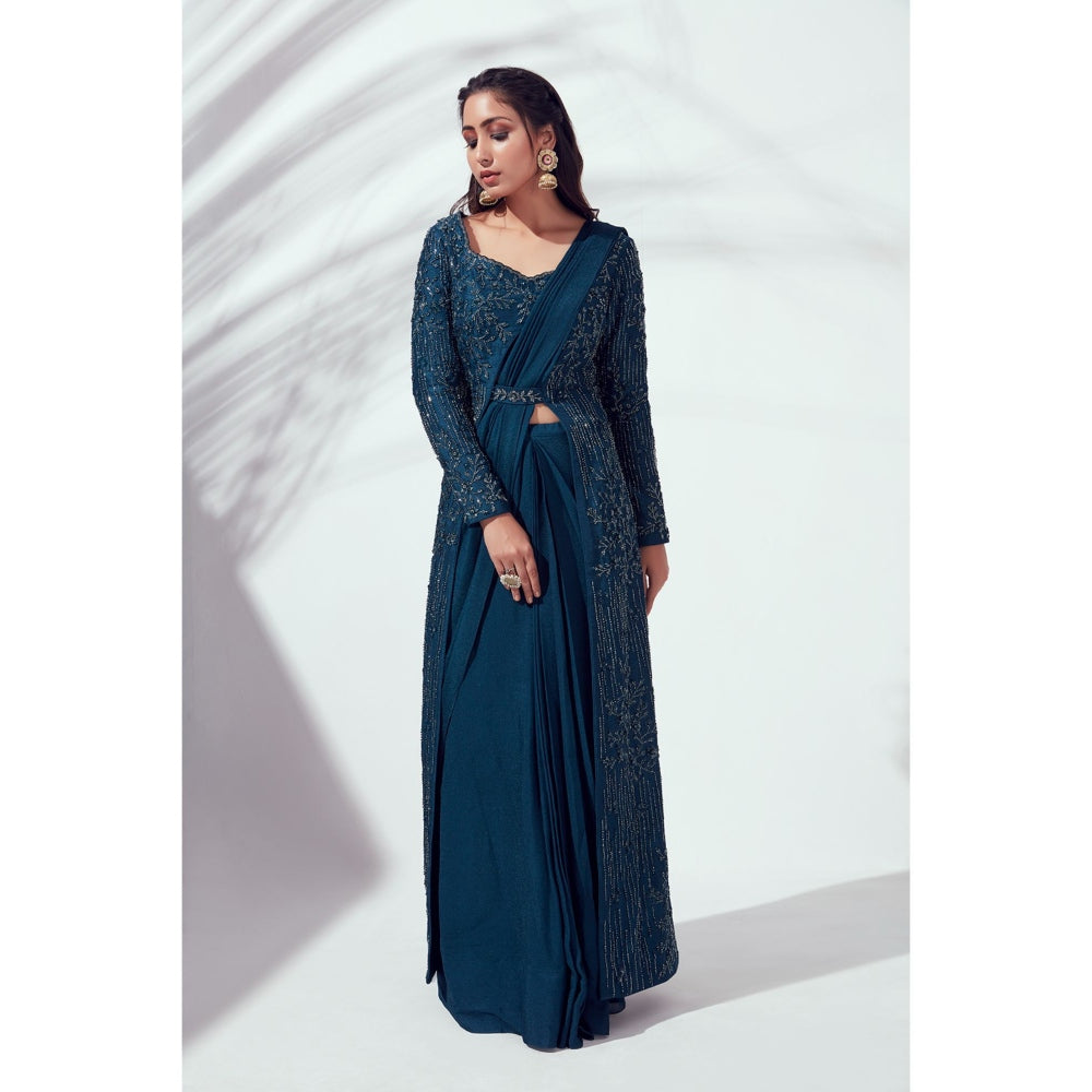 Suruchi Parakh Teal Embellished Pre Draped Saree and Blouse Jacket with Stitched