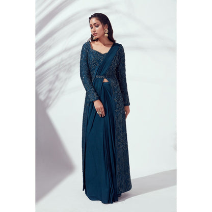 Suruchi Parakh Teal Embellished Pre Draped Saree and Blouse Jacket with Stitched