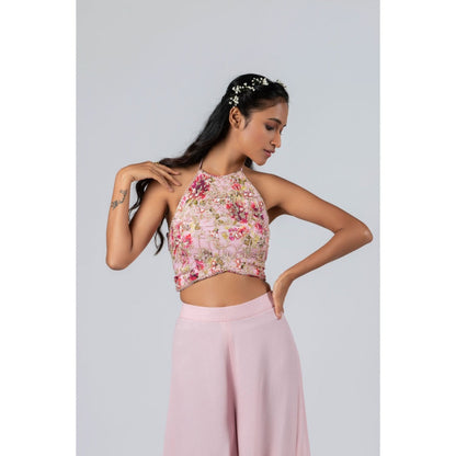 Suruchi Parakh Womens Pink Floral Print Crop Top and Palazzo (Set of 2)
