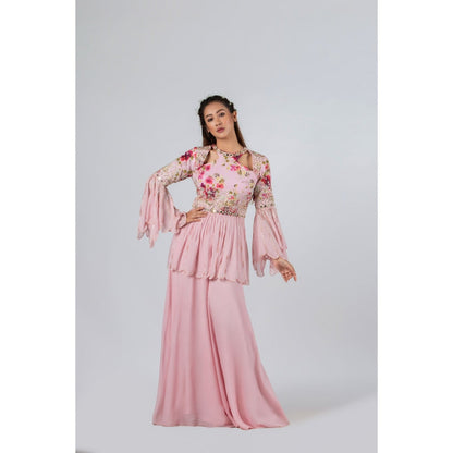 Suruchi Parakh Womens Pink Floral Print Peplum Top and Palazzo (Set of 2)