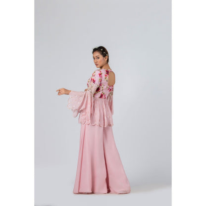 Suruchi Parakh Womens Pink Floral Print Peplum Top and Palazzo (Set of 2)