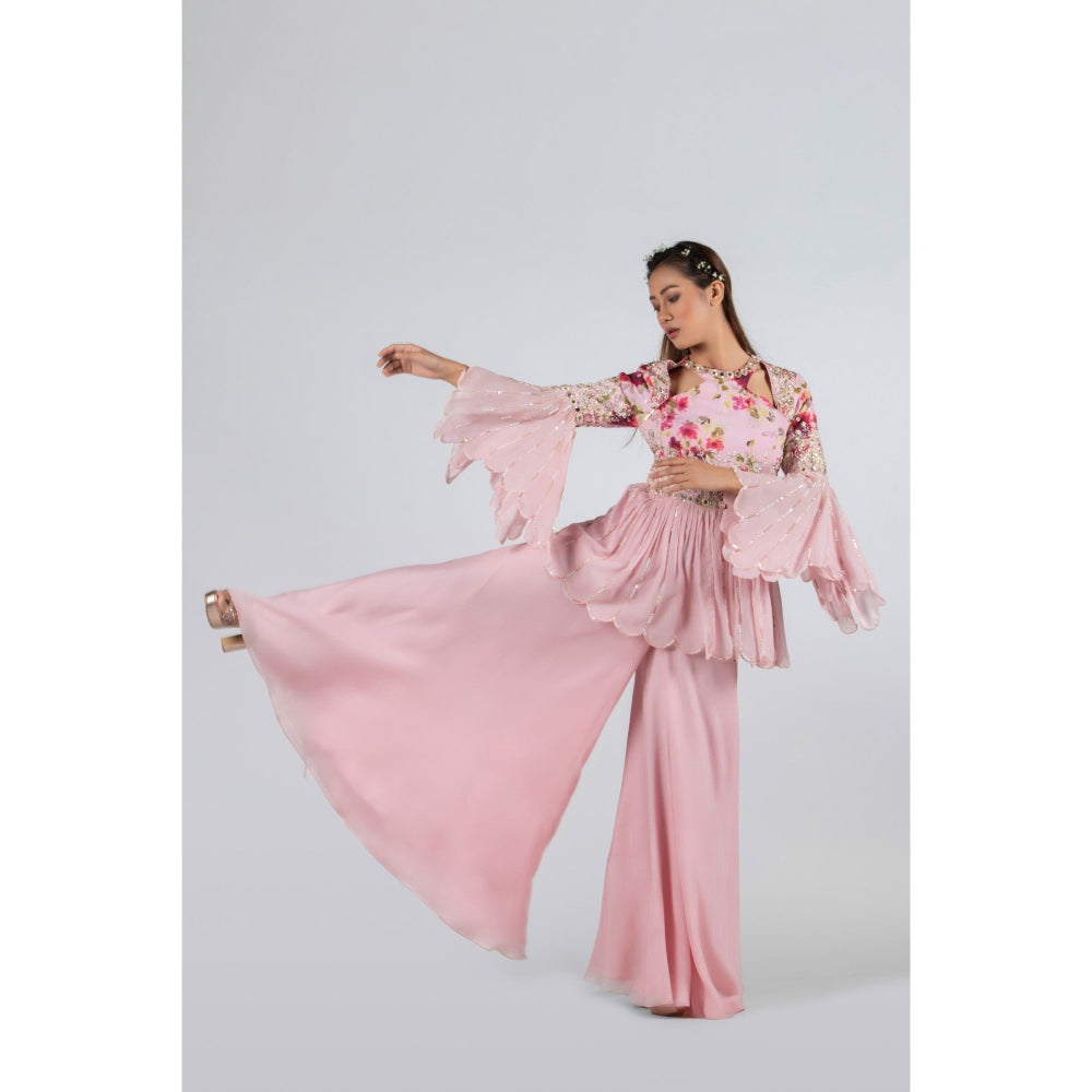 Suruchi Parakh Womens Pink Floral Print Peplum Top and Palazzo (Set of 2)