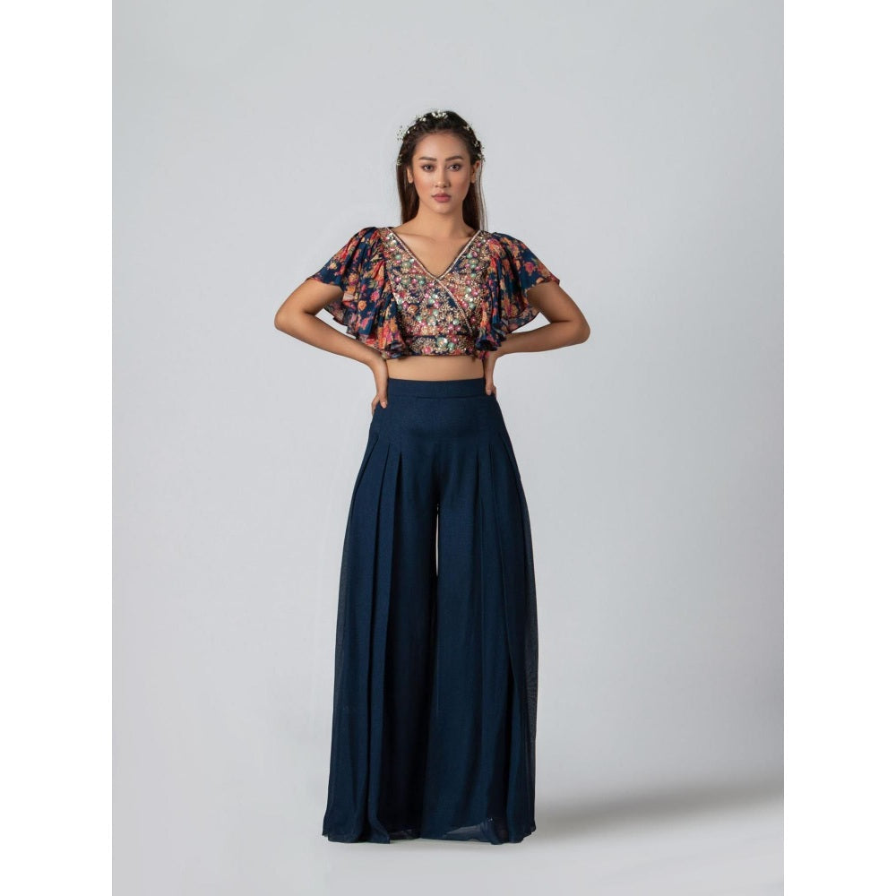Suruchi Parakh Womens Navy Blue Floral Print Crop Top and Palazzo (Set of 2)